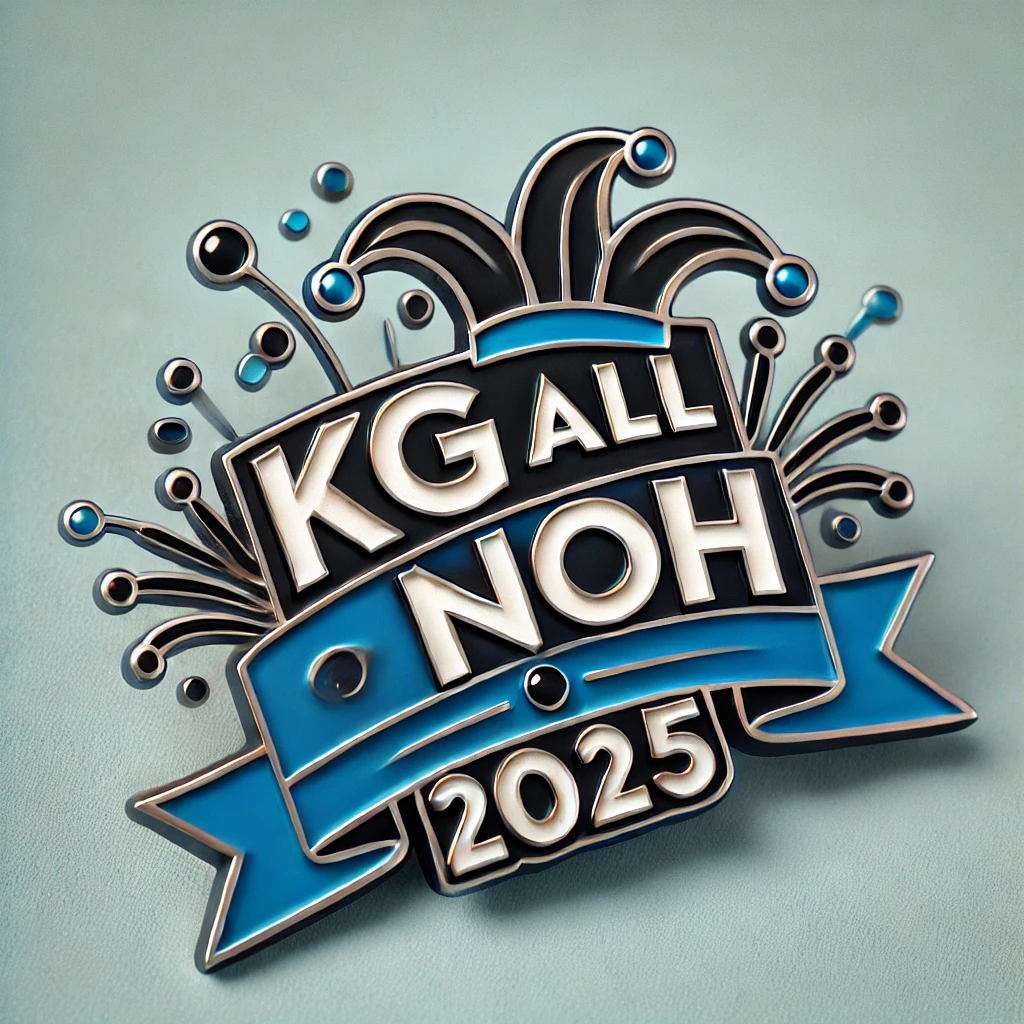 DALL·E 2025-03-09 18.52.15 - A modern and festive carnival pin in black and blue, inspired by Rhenish Carnival. Featuring the text 'KG All Nöh' with clear umlaut dots over the 'Ö'